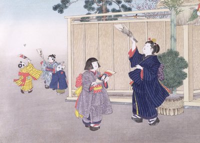 1888年儿童游戏系列中的羽毛球和羽毛球拍（彩色木刻） 作者 小林英策